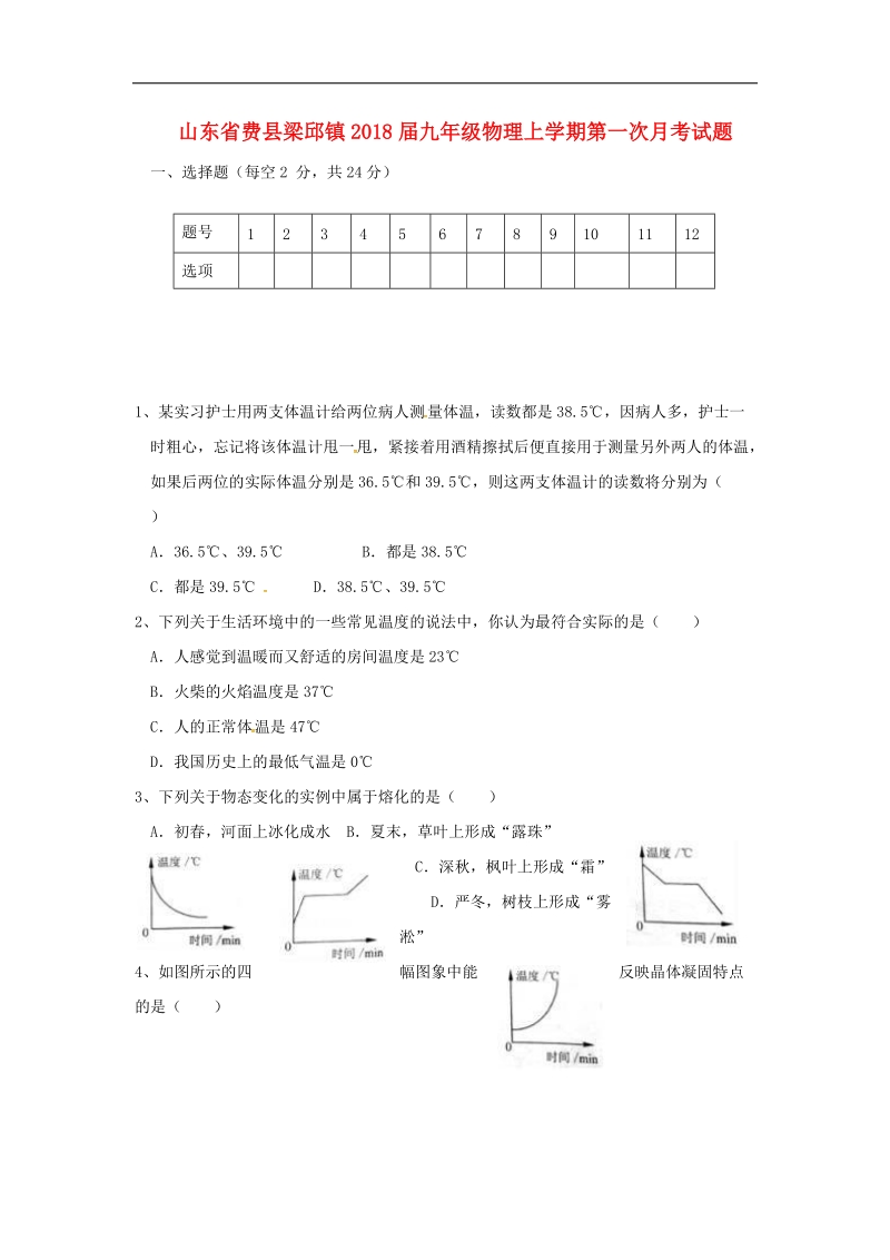 山东省费县梁邱镇2018年度九年级物理上学期第一次月考试题（无答案）新人教版.doc_第1页