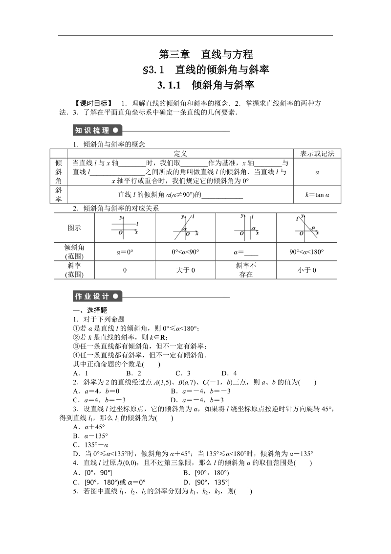 高中数学（人教a版必修二）课时作业：第3章 直线与方程 3.1.1.doc_第1页