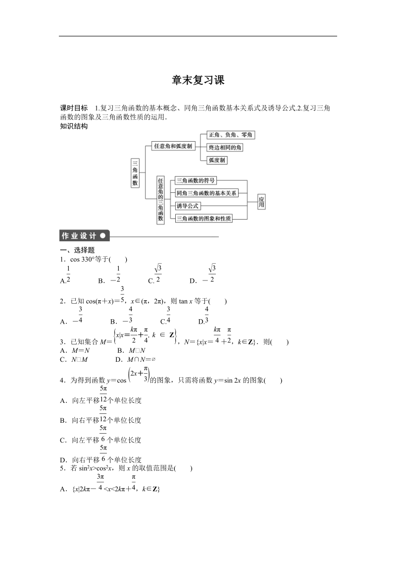 高中数学（人教a版必修四）同步课时作业：第1章 三角函数 章末复习课1.doc_第1页