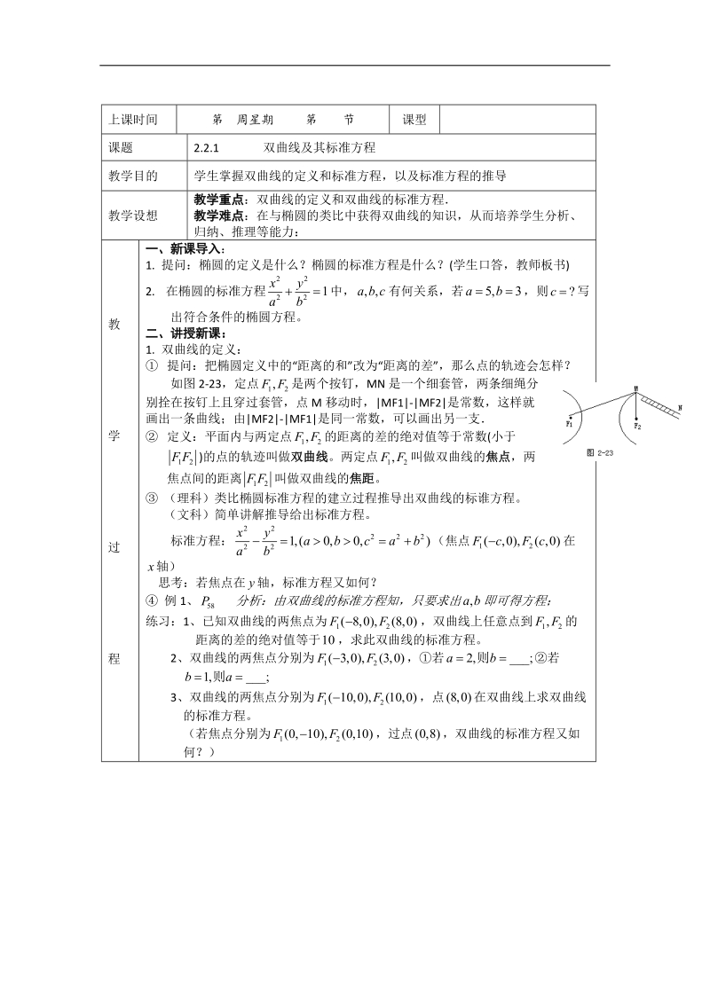 高中数学新课标人教a版选修1-1《2.2.1双曲线及其标准方程》教案2.doc_第1页