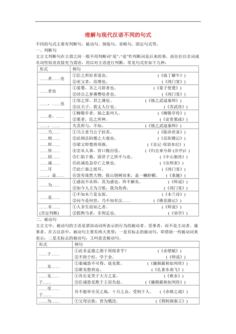 江西省横峰中学高考语文一轮复习 2.1.4理解与现代汉语不同的句式学案.doc_第1页