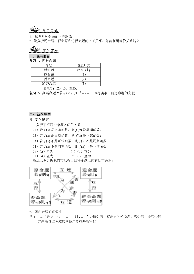 湖北省监利实验高级中学高二数学学案：1.1 四种命题间的相互关系 选修1-1 .doc_第1页