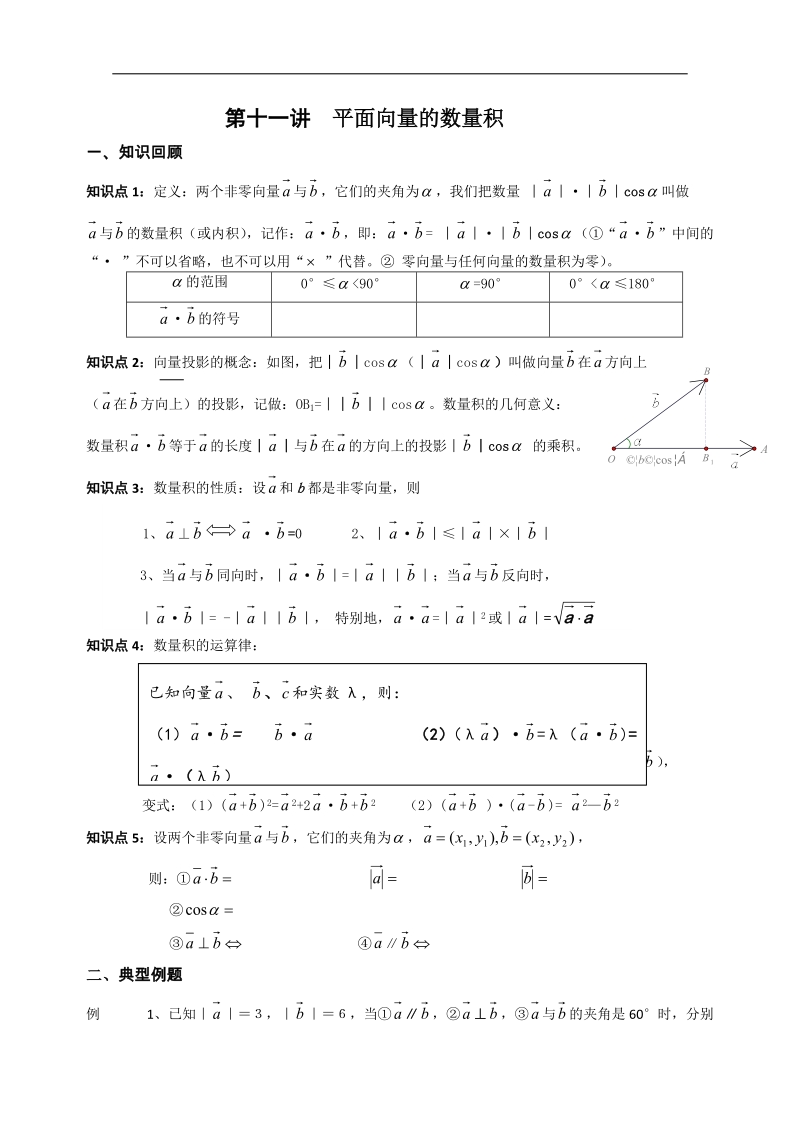 高中数学模块过关专题讲座练习（人教a版必修四）：第十一讲《平面向量的数量积》.doc_第1页