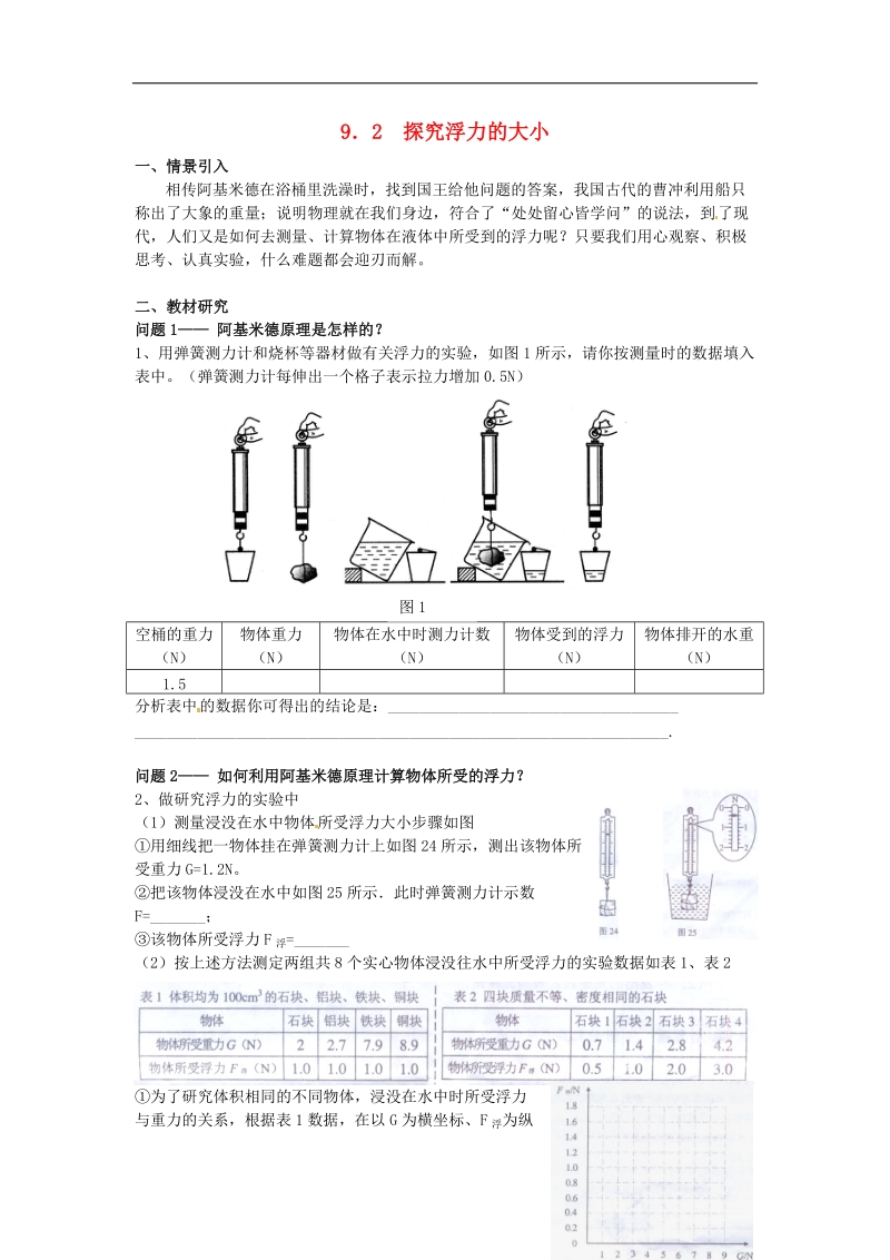 【附解析】广东省惠州市惠东县港口中学2018年八年级物理下册9.2 探究浮力的大小学案（新版）粤教沪版.doc_第1页