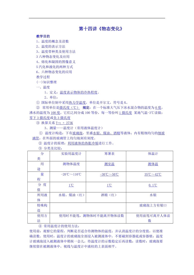 甘肃省武威市民勤县第六中学2015年中考物理九年级总复习教案：第14讲《物态变化》.doc_第1页