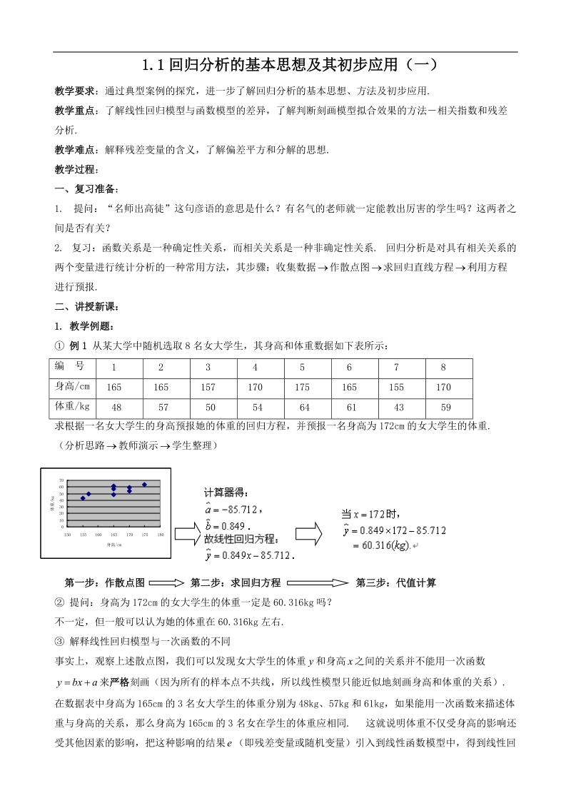 《回归分析的基本思想及其初步应用》教案（新人教a版选修1-1）.doc_第1页