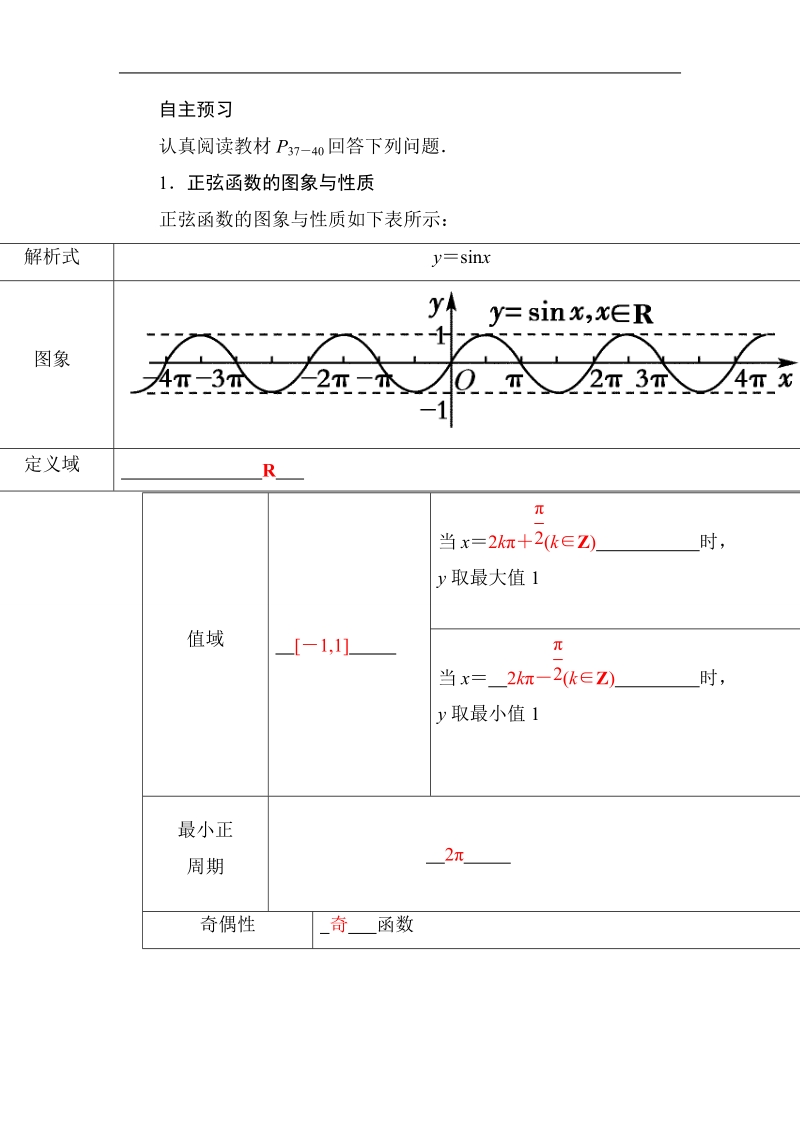 山东省济宁市学而优高一数学（新课标人教版）必修四自主预习知识点：《正弦函数的图象与性质》（教材p37-40，教师版）.doc_第1页