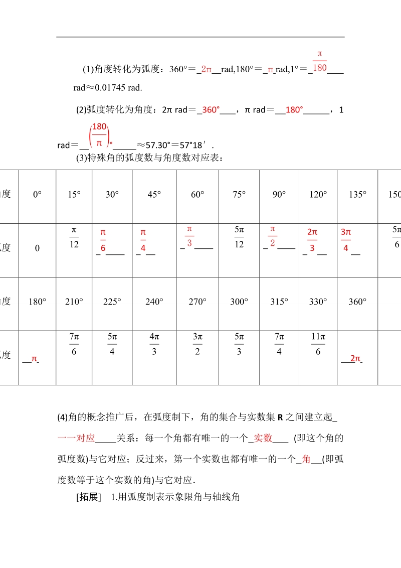 山东省2016年高一数学（新人教a版必修4）自主预习知识点：《弧度制》（教材p4-10，教师版） word版含答案.doc_第2页