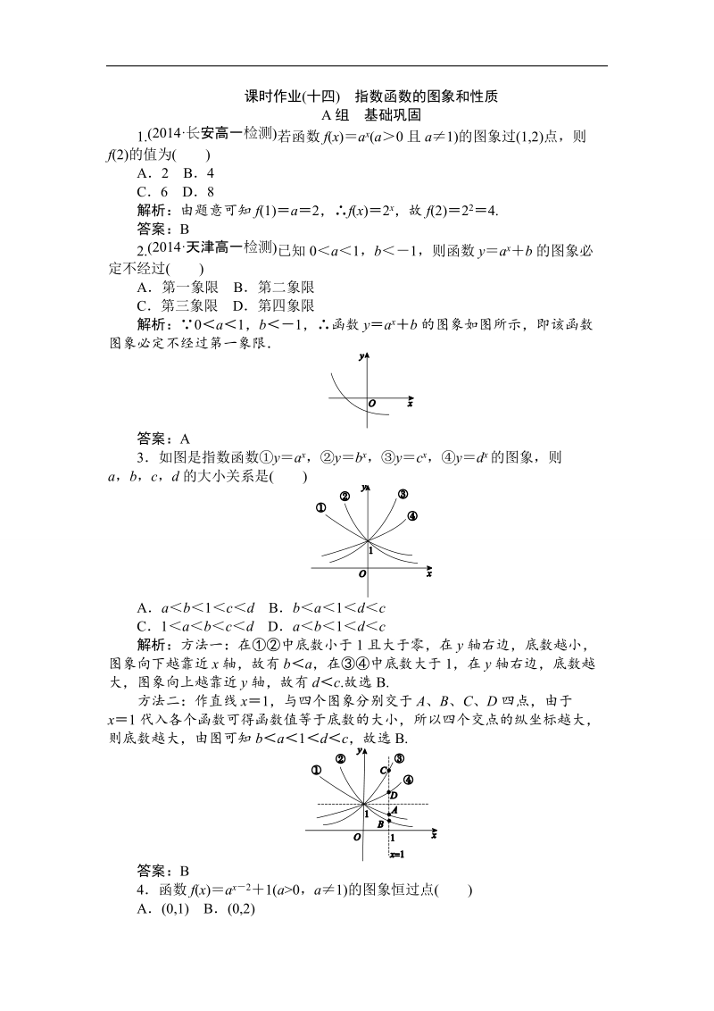 【师说】高一人教a版数学必修一练习：课时作业（十四）指数函数的图象和性质 word版含答案.doc_第1页