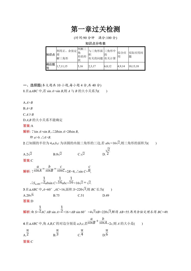 【赢在课堂】高二数学人教a必修5练习：第一章 解三角形 过关检测.doc_第1页