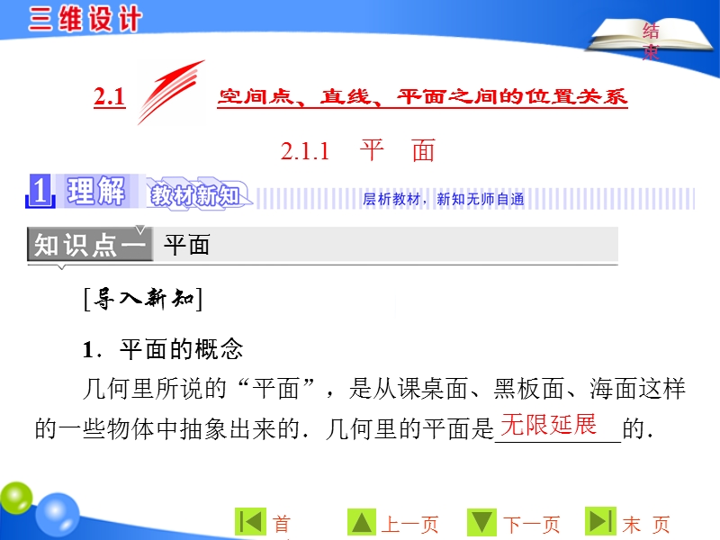 【三维设计】2016秋人教a版高中数学必修2课件：2.1.1　平　面.ppt_第2页