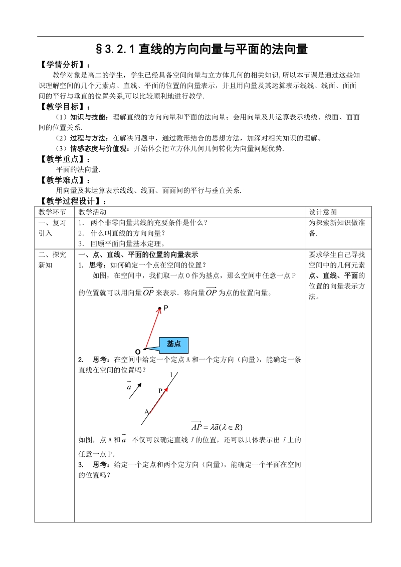 湖北省巴东一中高中数学人教a版选修1-1新课程教案：3.2.1直线的方向向量与平面的法向量.doc_第1页