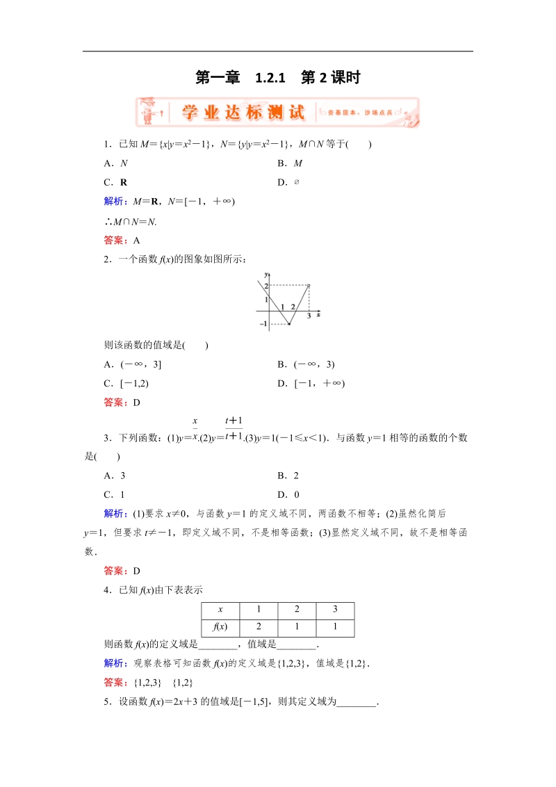 【优化指导】高一数学人教a版必修1课堂训练：1.2.1.2 函数概念的综合应用 word版含解析.doc_第1页