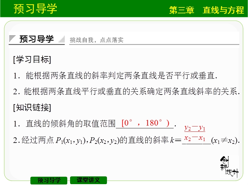 【创新设计】高中数学人教a版必修2课件：3.1.2　两条直线平行与垂直的判定.ppt_第2页