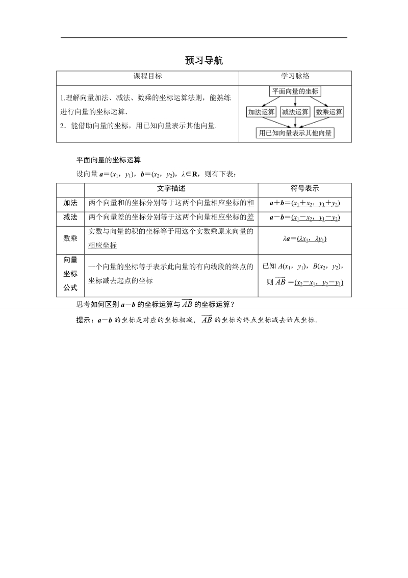 2017学年高中数学人教a版必修4预习导航：2.3平面向量的基本定理及坐标表示（第3课时） word版含解析.doc_第1页