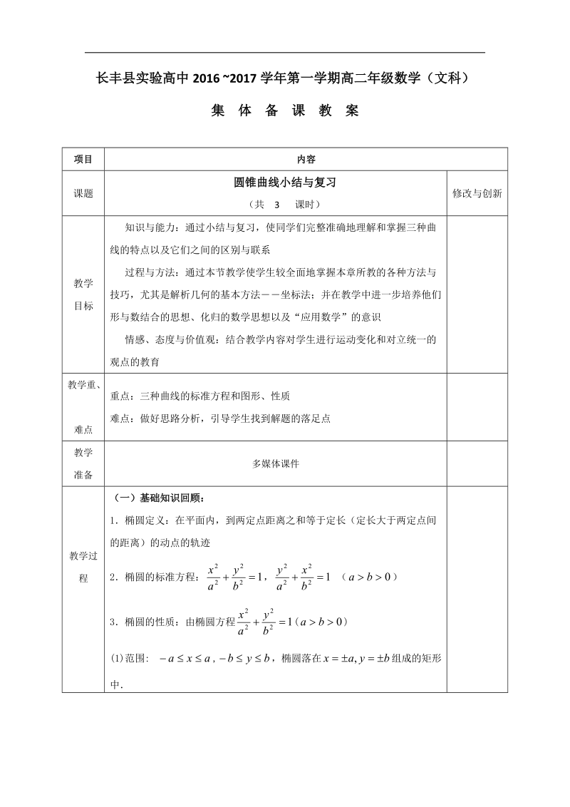 安徽省2017年人教版高中数学选修1-1教案：2圆锥曲线小结与复习.doc_第1页