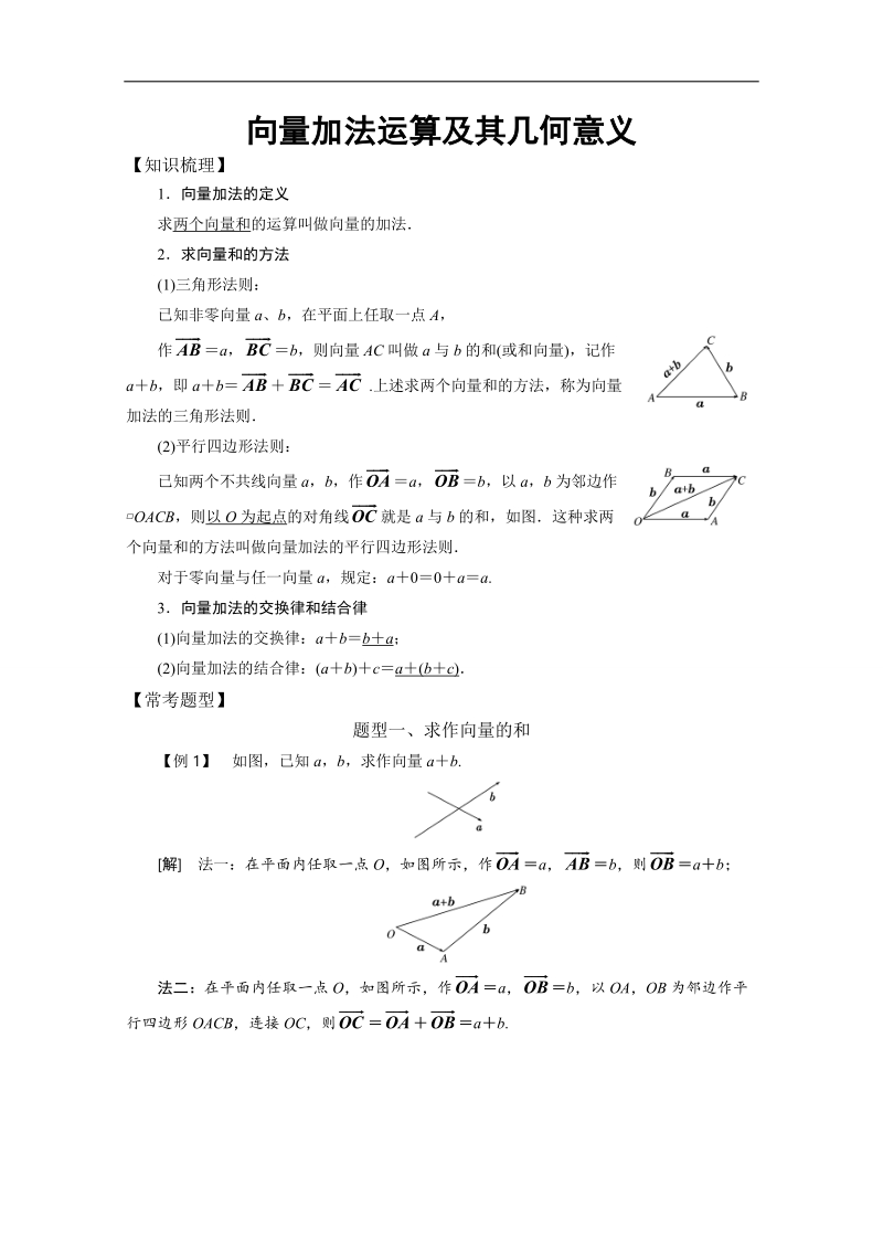 【精品教案推荐】高中数学必修4平面向量常考题型：向量加法运算及其几何意义案.doc_第1页