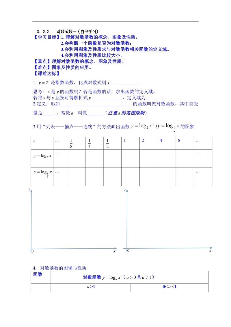 山东省高中数学必修一学案：3．2.2 对数函数一（自主学习）.doc_第1页