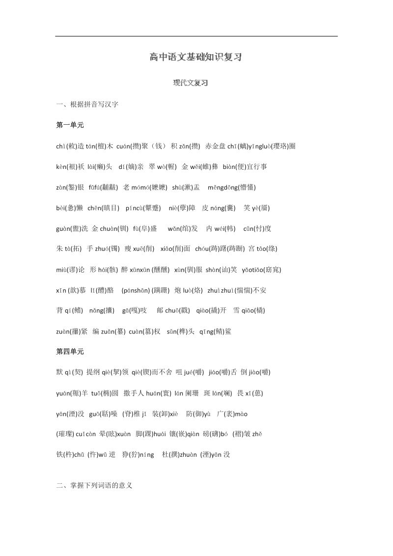 湖南专用高三语文一轮复习基础知识复习：现代文复习（人教版）.doc_第1页