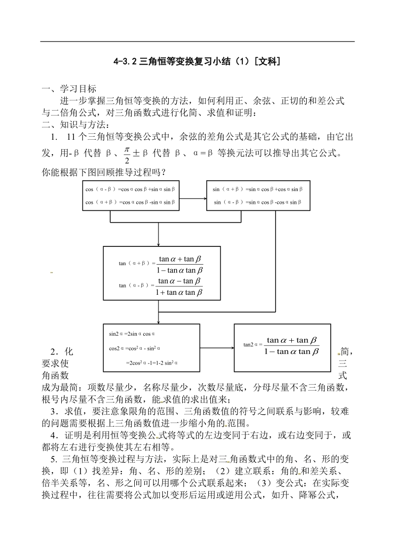 【全国百强校】吉林省东北师范大学附属中学高中人教必修四（文科）4-3.2.三角恒等变换复习课小结（1）【文学案】.doc_第1页