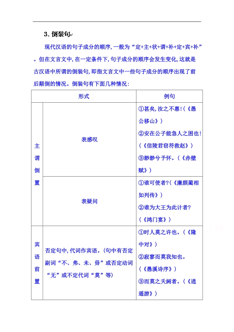 福建省人教版高三语文一轮复习 第一部分 专题二 3 3.倒装句.doc_第1页