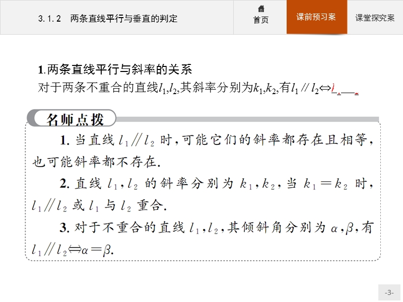 【赢在课堂】2016秋高一数学人教a必修2课件：3.1.2 两条直线平行与垂直的判定.ppt_第3页