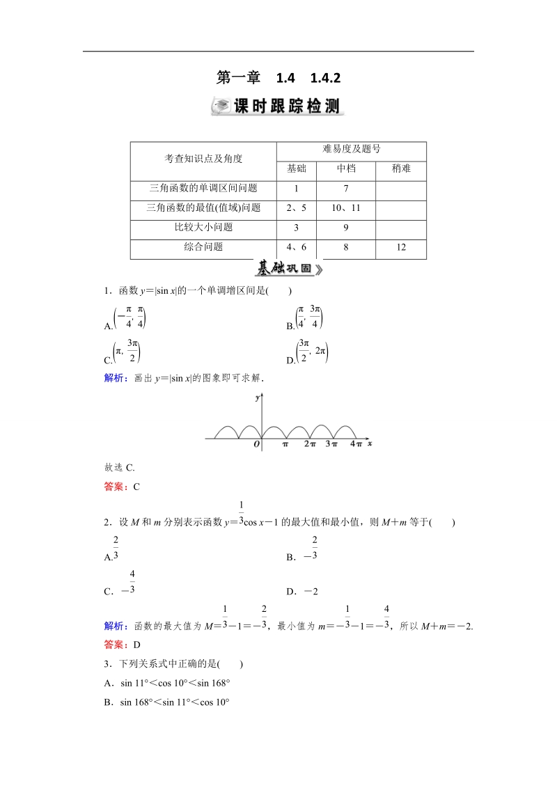 【优化指导】高中数学人教a版必修4练习：1.4.2（2） 检测 正弦函数、余弦函数的性质（二）.doc_第1页