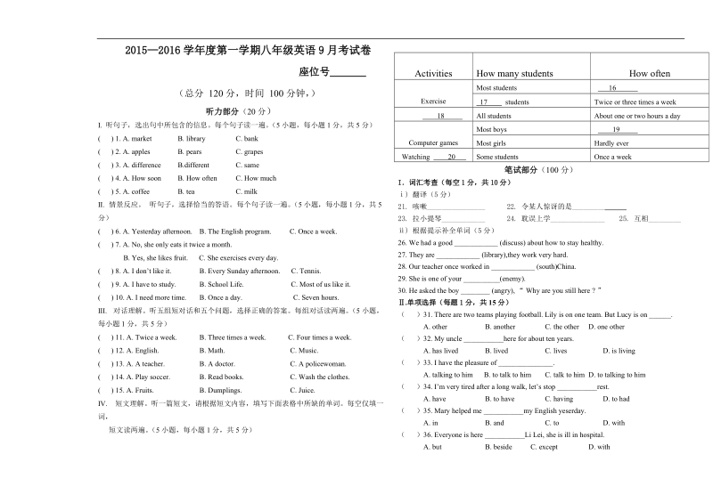 甘肃省白银五中2015—2016学年第一学期八年级英语9月考试卷（无答案）.doc_第1页