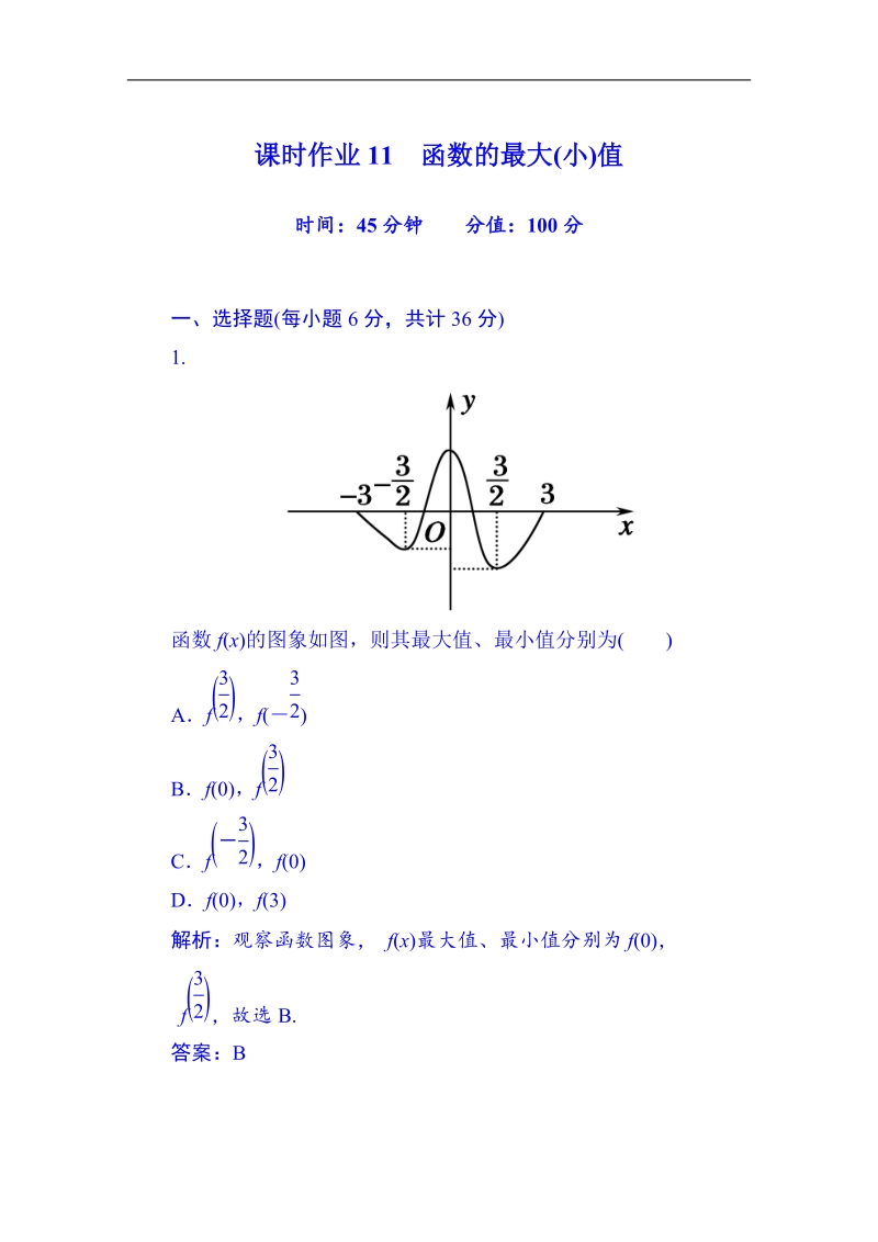 【无忧考】人教版高中数学必修一习题 第1章 课时作业11 函数的最大(小)值.doc_第1页