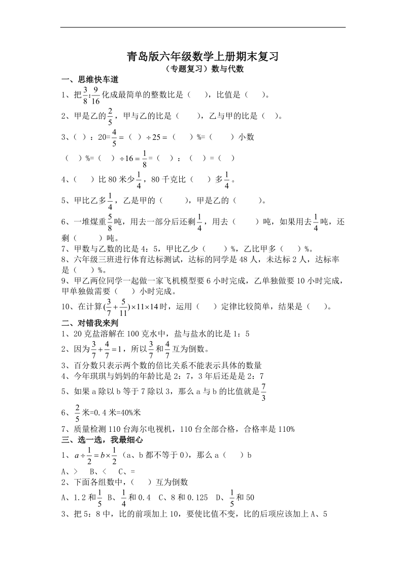 (青岛版)六年级数学上册期末专题复习.doc_第1页