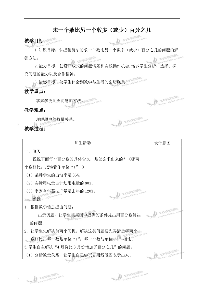 （冀教版）六年级数学上册教案 求一个数比另一个数多（或少）百分之几.doc_第1页