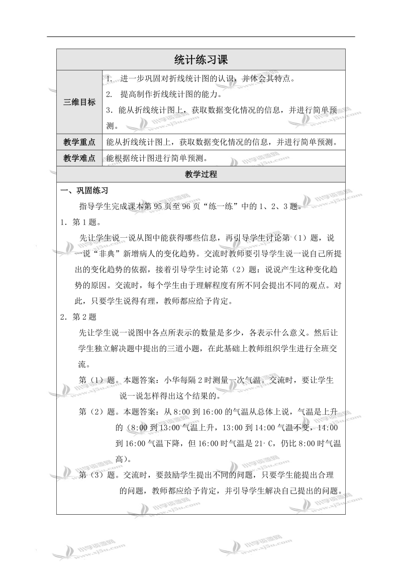 （北师大版）四年级数学上册教案 统计练习课.doc_第1页