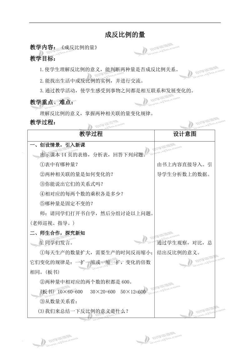 （人教版）六年级数学下册教案 成反比例的量 1.doc_第1页