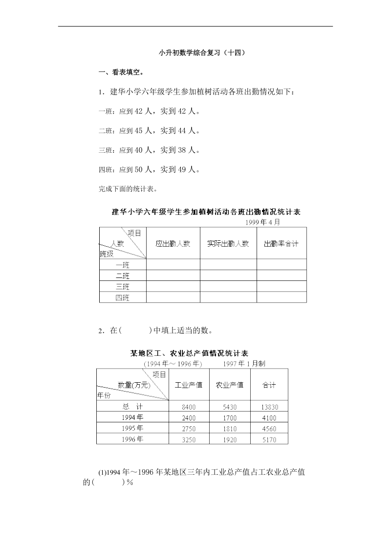 （冀教版）六年级数学下册 小升初数学综合复习（十四）.doc_第1页