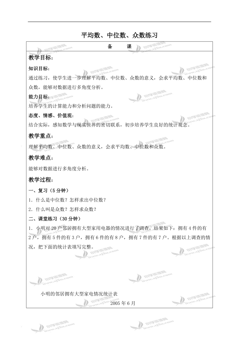 （北京版）五年级数学上册教案 平均数、中位数、众数练习.doc_第1页