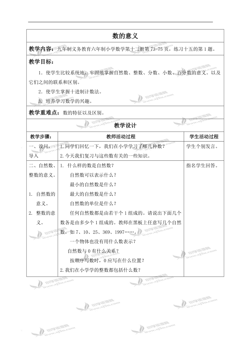 （人教版）六年级数学下册教案 数的意义.doc_第1页