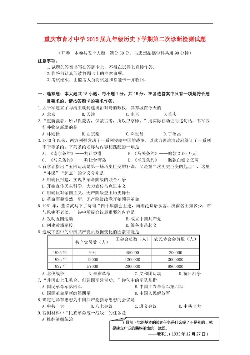 重庆市育才中学2015年度九年级历史下学期第二次诊断检测试题.doc_第1页