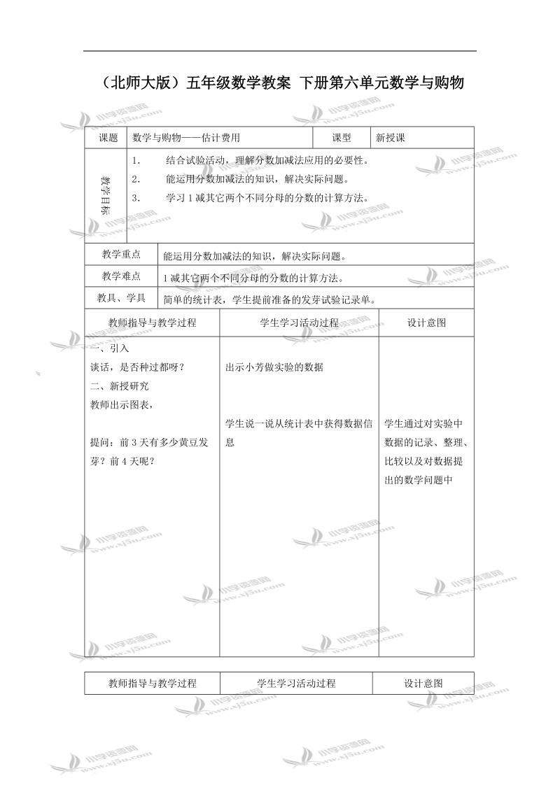 （北师大版）五年级数学教案 下册第六单元数学与购物.doc_第1页