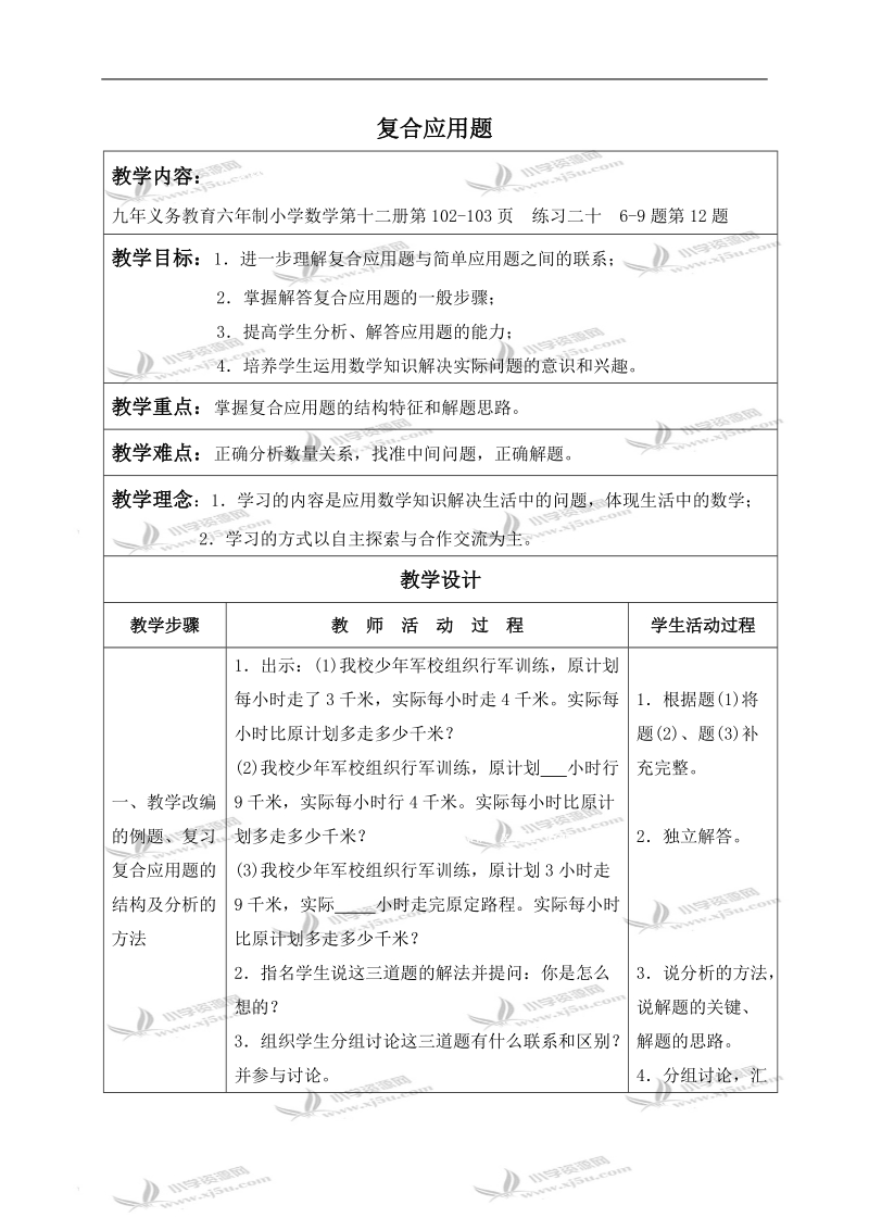 （人教版）六年级数学下册教案 复合应用题 1.doc_第1页