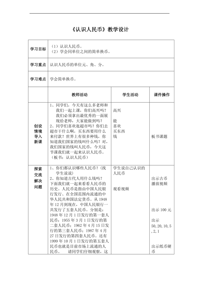 （人教标准版）一年级数学下册教案 认识人民币.doc_第1页