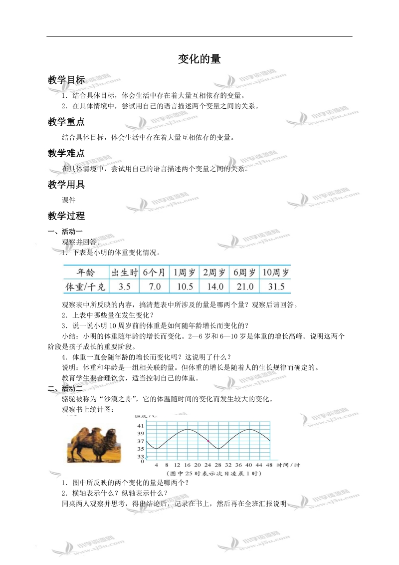 （北师大版）六年级下册数学教案 变化的量.doc_第1页