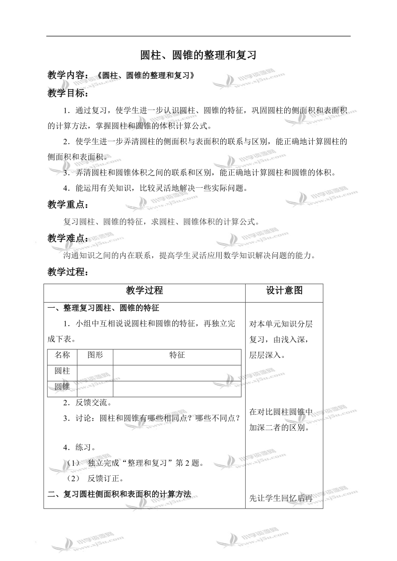 （人教版）六年级数学下册教案 圆柱、圆锥的整理和复习.doc_第1页