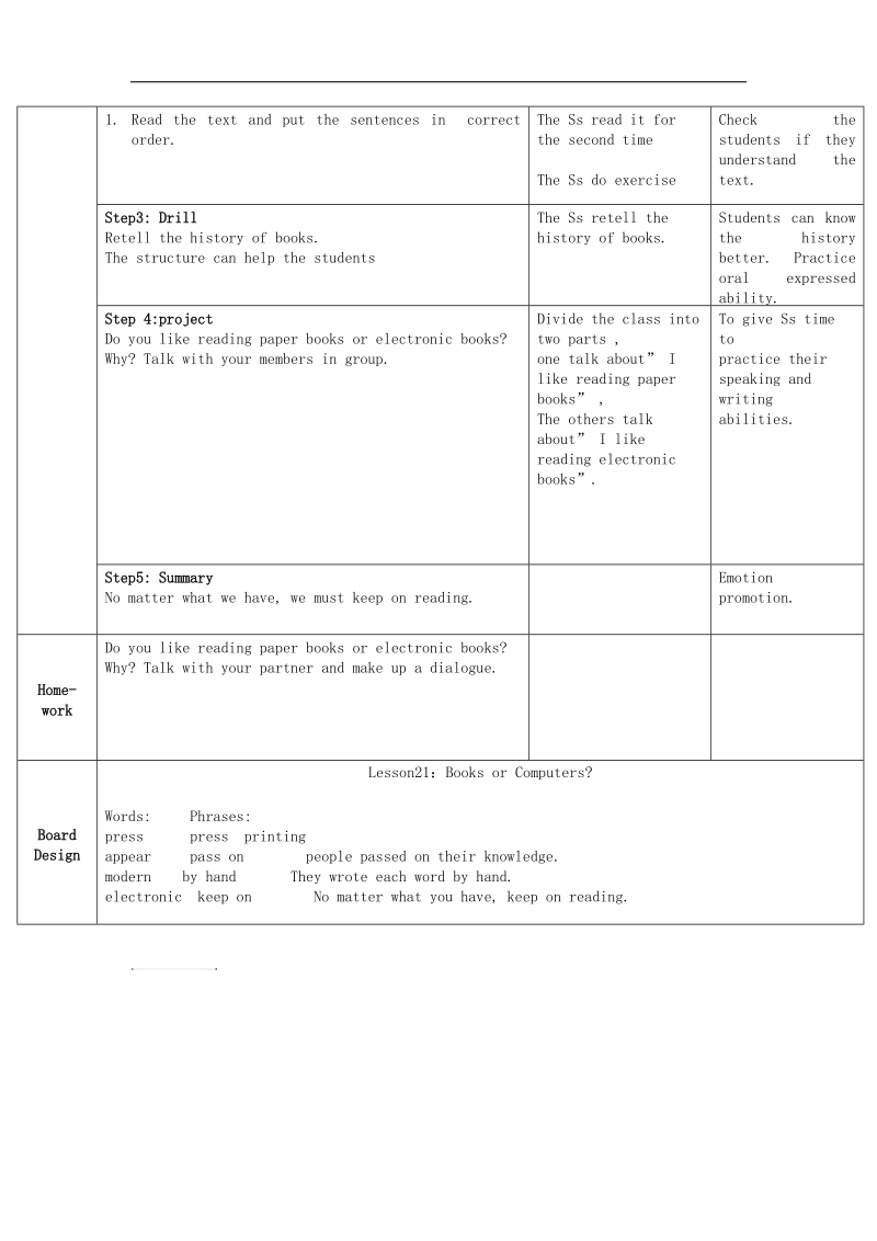 2018年八年级英语下册unit 4 lesson 21 books or computers教案 （新版）冀教版.doc_第2页