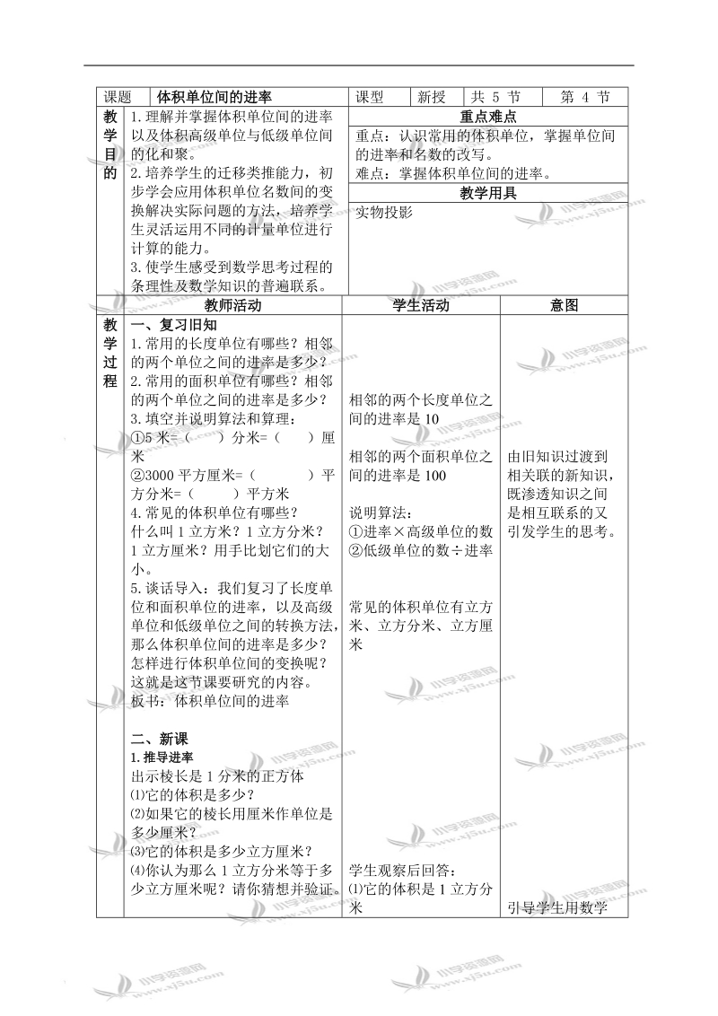 （北京版）五年级数学下册教案 体积单位间的进率.doc_第1页