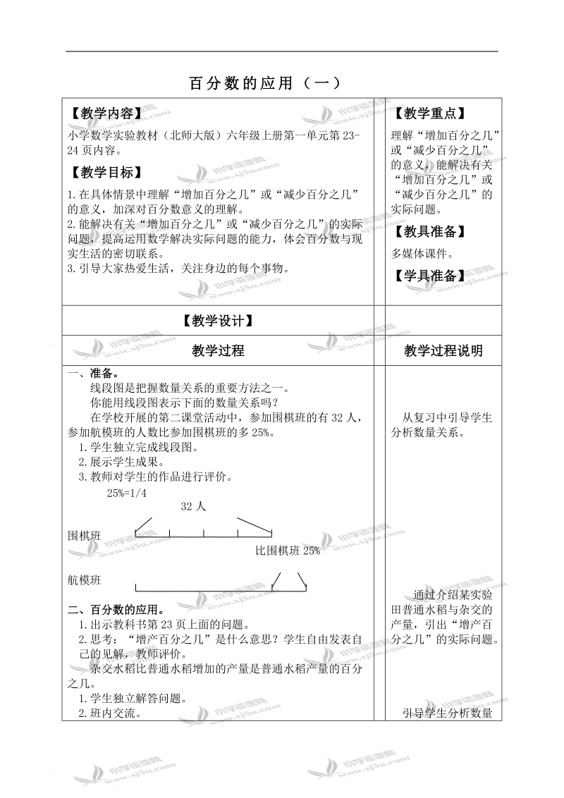 （北师大版）六年级数学上册教案 百分数的应用（一） 1.doc_第1页