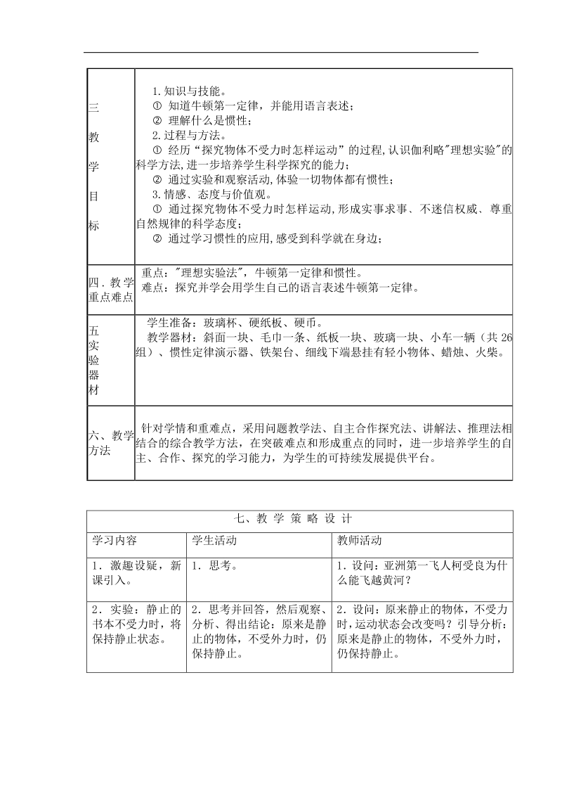 [沪粤版]山东省惠东县白花镇第一中学2018年八年级物理下册《7.3探究物体不受力时怎样运动》教学设计.doc_第2页