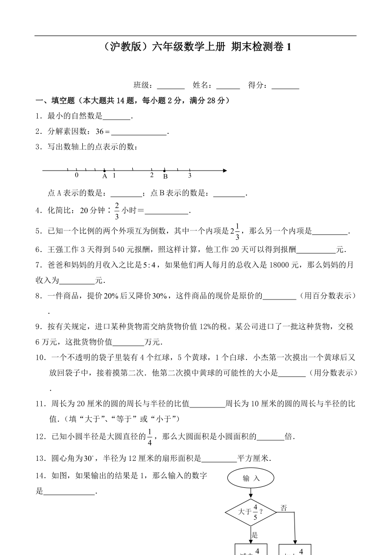 （沪教版）六年级数学上册 期末检测卷1.doc_第1页