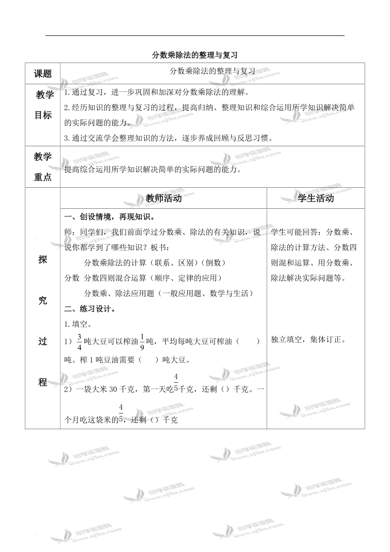 （青岛版）六年级数学上册教案 分数乘除法的整理与复习.doc_第1页