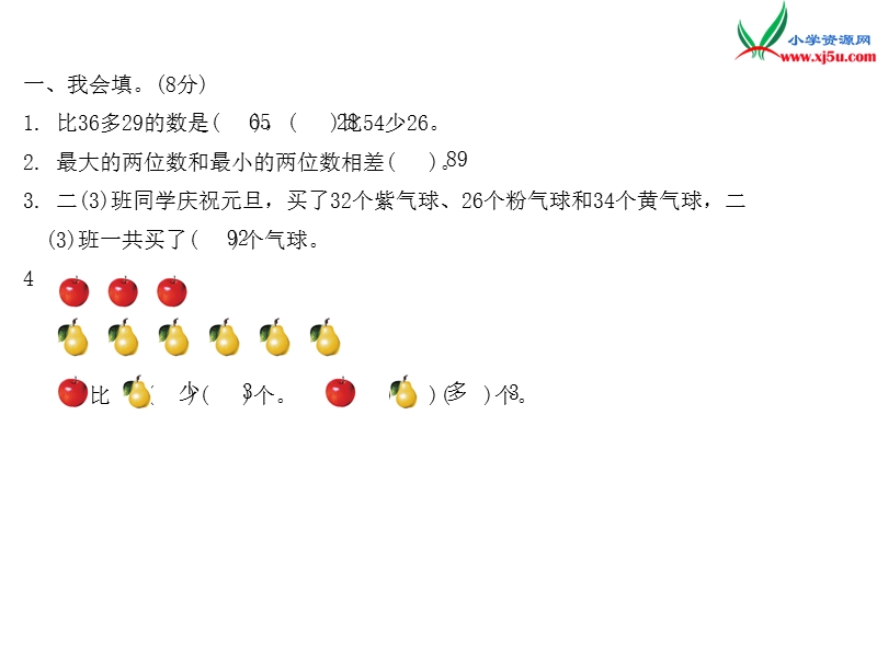 小学（苏教版）二年级上册数学作业课件 单元测试1.ppt_第2页