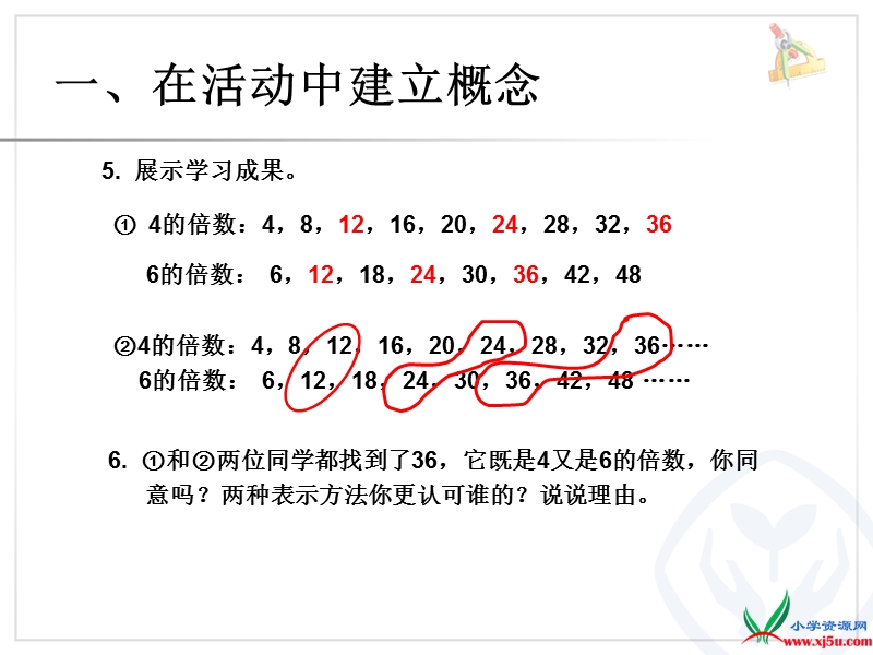 （人教新课标 2014秋）小学五年级数学下册 第二单元 最小公倍数例1、例2课件.ppt_第3页